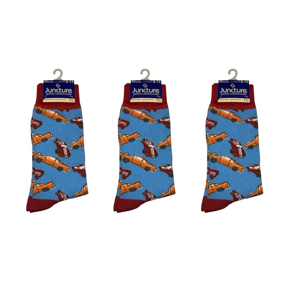 3x Juncture Mens Crew Socks Cars Size 6-12